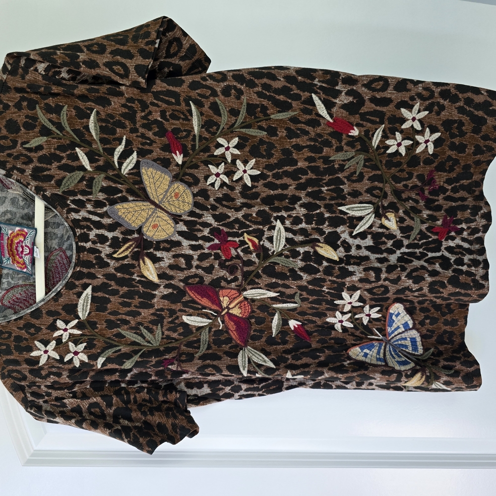 Johnny Was Leopard Print Top with Embroidered Butterflies